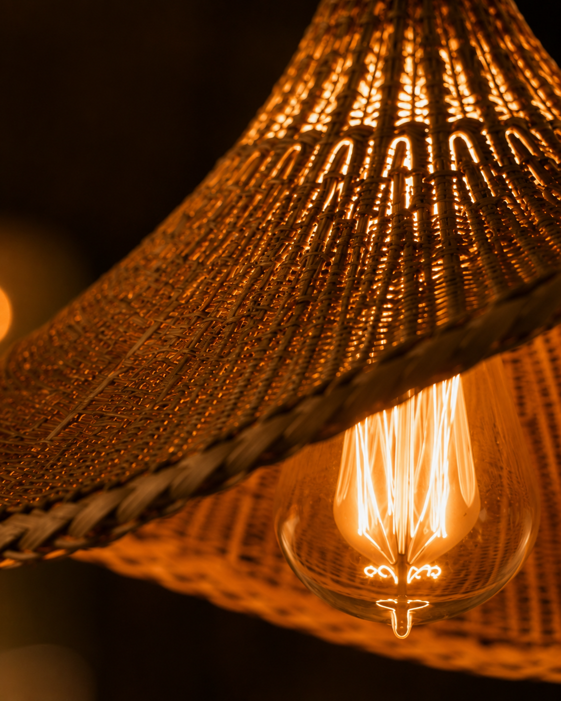 “Luxury Cozy Café Interior with Woven Bamboo Lights- Set of 3 | Warm Rustic Coffee Shop Ambience Design”