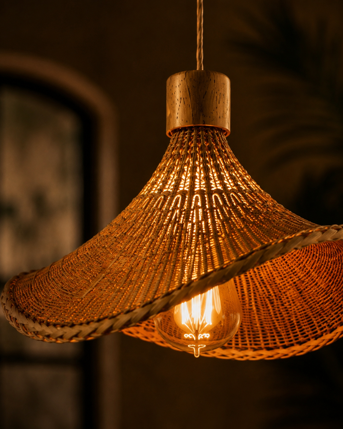 “Luxury Cozy Café Interior with Woven Bamboo Lights- Set of 3 | Warm Rustic Coffee Shop Ambience Design”