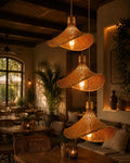 “Luxury Cozy Café Interior with Woven Bamboo Lights- Set of 3 | Warm Rustic Coffee Shop Ambience Design”