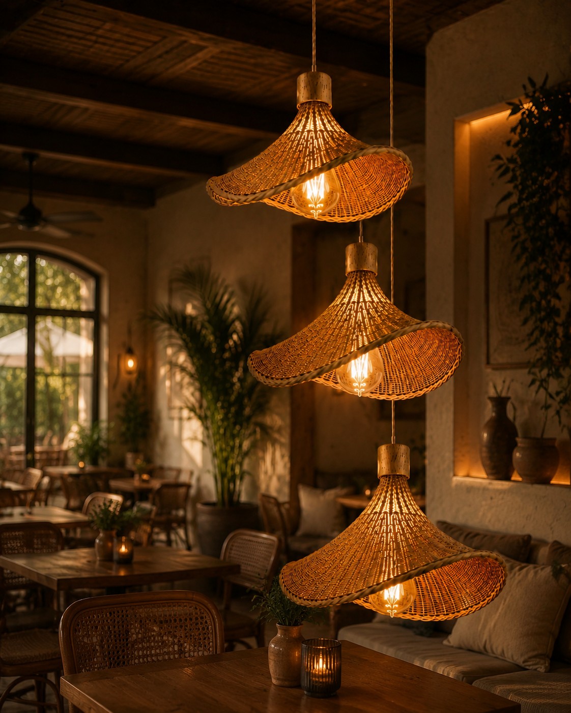 “Luxury Cozy Café Interior with Woven Bamboo Lights- Set of 3 | Warm Rustic Coffee Shop Ambience Design”