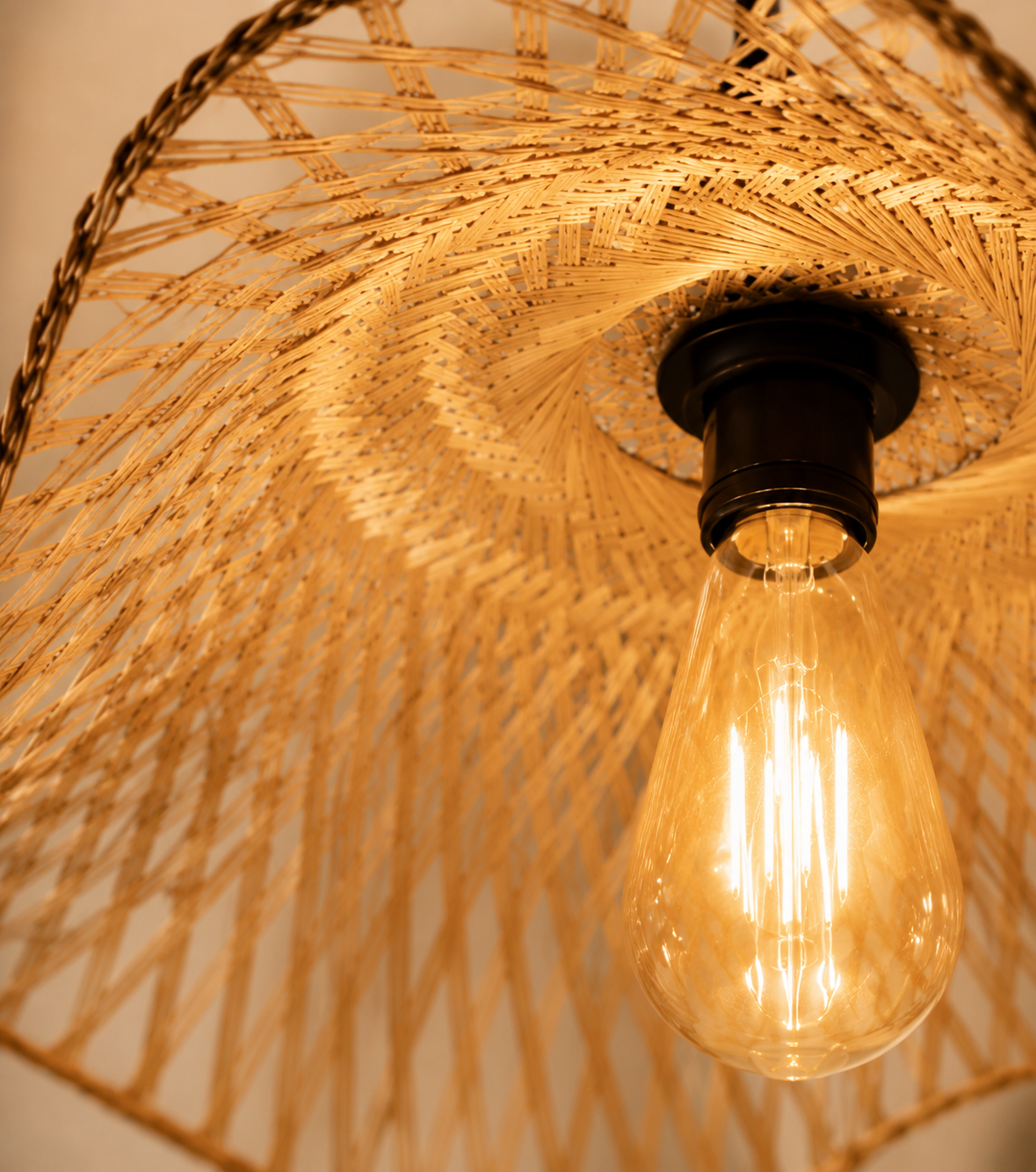 The Fluted Canopy Artisan Wave Handwoven Bamboo Pendant Light -with Bulb and holder