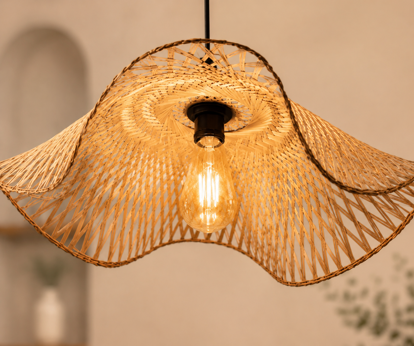 The Fluted Canopy Artisan Wave Handwoven Bamboo Pendant Light -with Bulb and holder