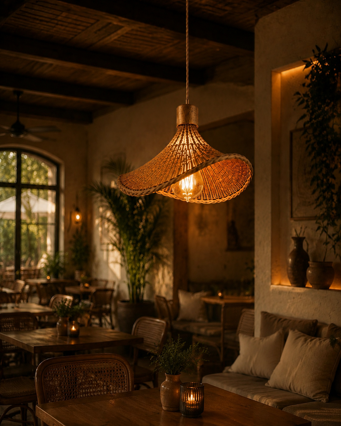 “Luxury Cozy Café Interior with Woven Bamboo Lights- Set of 3 | Warm Rustic Coffee Shop Ambience Design”